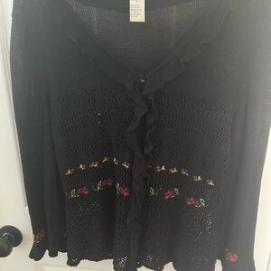 Chic Black Knit Cardigan with Floral Details